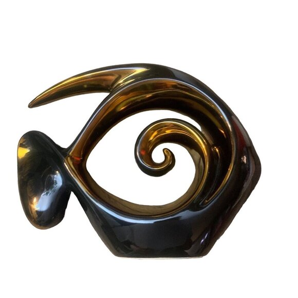 Ceramic Fish Figurine Statue Black Gold Angelfish Hollow 7x9 Inches